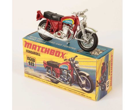 Matchbox Superfast 18b Hondarora Honda CB750 Motorcycle - brick red frame with Type A short front pivot, TRIAL BLUE &amp; YEL