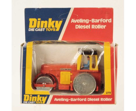 Dinky Toys 279 Aveling Barford Diesel Road Roller - orange body, yellow cab with black plastic roof, driver figure, yellow pl