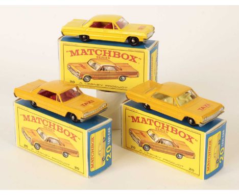 Matchbox Regular Wheels 3 x 20c Chevrolet Impala Taxi - all are clear windows, type c trunk interior, bare metal base, 36-tre