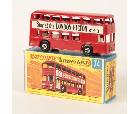 Matchbox Superfast 74a Daimler Fleetline Bus RARE PROMOTIONAL ISSUE "STAY AT THE KENSINGTON &amp; LONDON HILTON" - bright red