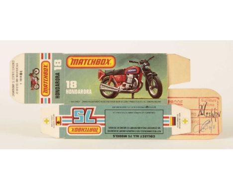 Matchbox Superfast Bowater's Printers Proof Empty "New" Type L Box For 18b Hondarora Honda CB750 Motorcycle - 1978 Copyright 