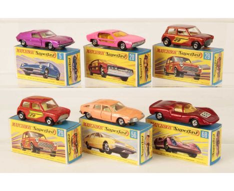 Matchbox Superfast Group of 6 x Early 1970's Issue Cars - all are ivory interior, bare metal base unless stated otherwise - (
