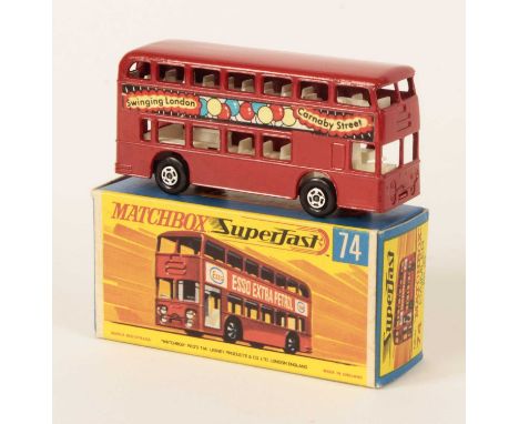 Matchbox Superfast 74a Daimler Fleetline Bus RARE "SWINGING LONDON - CARNABY STREET" - brick red body &amp; base, hollow 5-sp