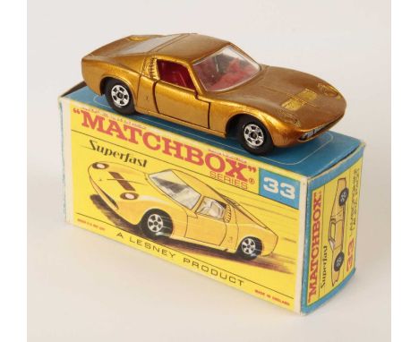 Matchbox Superfast 33a Lamborghini Miura - metallic gold body with low arches, clear windows with frosted engine cover, RARE 