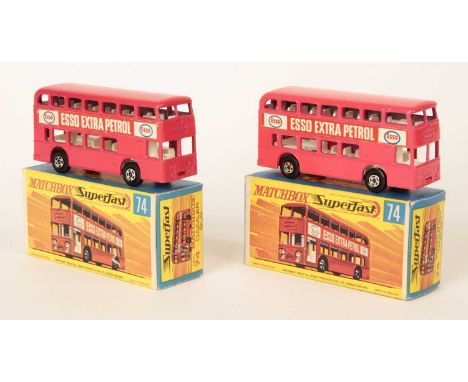Matchbox Superfast 2 x 74a Daimler Fleetline Bus "Esso Extra Petrol" - both are black axle clips - (1) dayglow pink body with