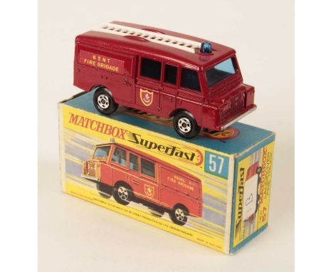 Matchbox Superfast 57a Land Rover Fire Truck - DARKER SHADE RED BODY with silver trim to front bumper, square-cut Kent Fire B