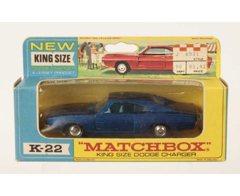 Matchbox King Size K-22 Dodge Charger - metallic dark blue body, clear windows, light blue interior, bare metal base, chrome 
