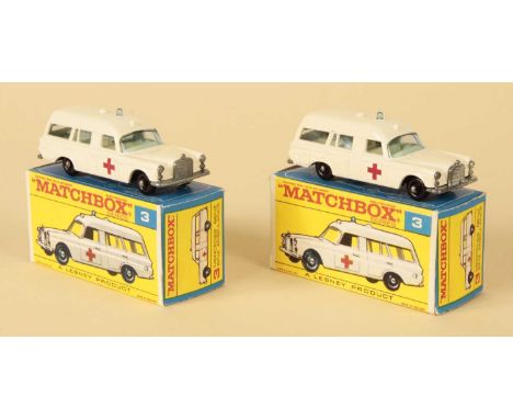 Matchbox Regular Wheels 2 x 3c Mercedes Ambulance - both are off white body with red cross door labels, light blue windows, i