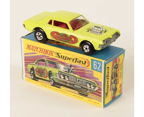 Matchbox Superfast 62b Mercury Cougar Rat Rod Dragster - light lime green body, red interior, bare metal base, RARE 5-SPOKE R