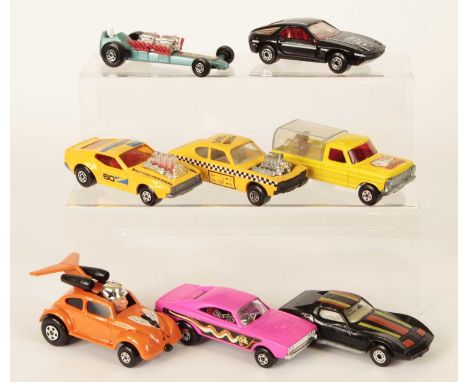 Matchbox Superfast Group of Unboxed Cars - (1) 10b Piston Popper US Issue - yellow body with blue &amp; black racing number 6