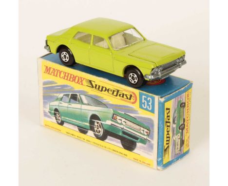 Matchbox Superfast 53a Ford Zodiac - Lime green body with high arches, chrome engine, ivory interior, bare metal base, 5-spok