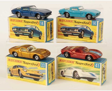 Matchbox Superfast Group of 4 x Early 1970's Issue Cars - (1) 14a Iso Grifo - metallic dark blue body, clear windows, light b