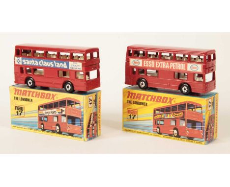 Matchbox Superfast 2 x 17b Daimler Fleetline Londoner Bus - both are brick red body, with axle braces, 5-spoke wheels - (1) "