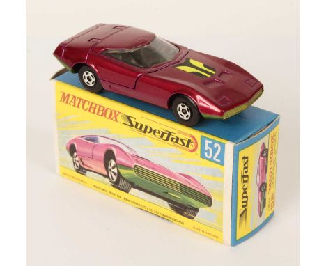 Matchbox Superfast 52a Dodge Charger Mk III - metallic magenta body WITH RARE BLACK &amp; YELLOW STRIPE HOOD LABEL, clear win