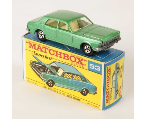 Matchbox Superfast 53a Ford Zodiac - metallic lighter green body with low arches, chrome engine, ivory interior, bare metal b