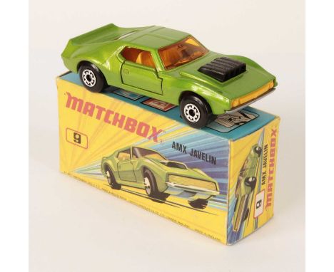 Matchbox Superfast 9b AMX Javelin - metallic jade green body with black hood scoop, dark amber windows, dark yellow interior,