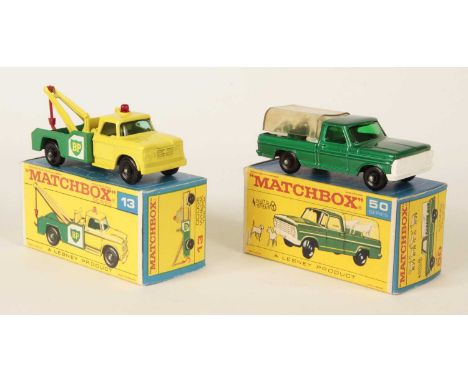Matchbox Regular Wheels Pair of American Vehicles - (1) 13d Dodge Wreck Truck - Stannard Code 5 - BP labels, red plastic hook