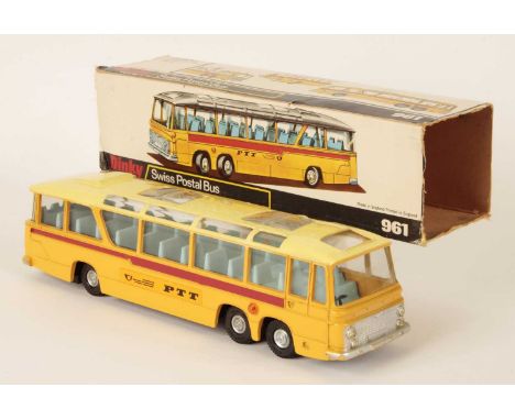Dinky Toys 961 Bedford Vega Major Luxury Coach Swiss Postal Bus - yellow body with red stripe side labels, cream roof, clear 