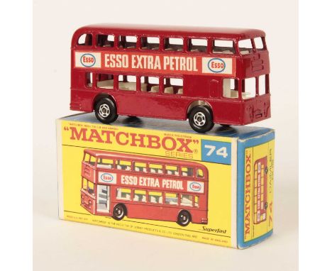 Matchbox Superfast 74a Daimler Fleetline Bus - darker red body &amp; base with Esso labels, white interior, hollow 5-spoke na