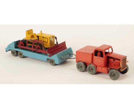 Matchbox Early Moko Lesney Toys Large Scale Prime Mover with Low Loader Trailer &amp; Caterpillar Bulldozer Load - orange Pri