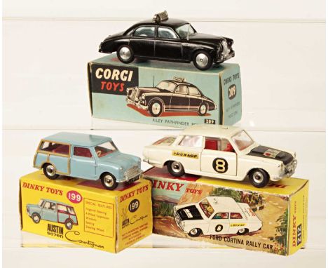 Group of 3 Dinky and Corgi cars including Dinky 212 Ford Cortina Rally Car, white body, black bonnet, red interior, missing r