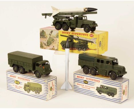Dinky group of 3 Military vehicles including 622 Military Covered Truck, green including ridged hubs with black treaded tyres
