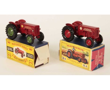 Matchbox King Size 2 x K-4 McCormick International B-250 Tractor - both are red body without hole to base - (1) with silver t