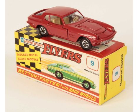 Lone Star Flyers 9 Maserati Mistral - red body, clear windows, light tan interior, metallic silver base, 5-spoke narrow wheel