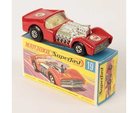 Matchbox Superfast 19b Road Dragster - red body WITH RARE SCORPION LABELS, ivory interior, bare metal base - Excellent Plus w