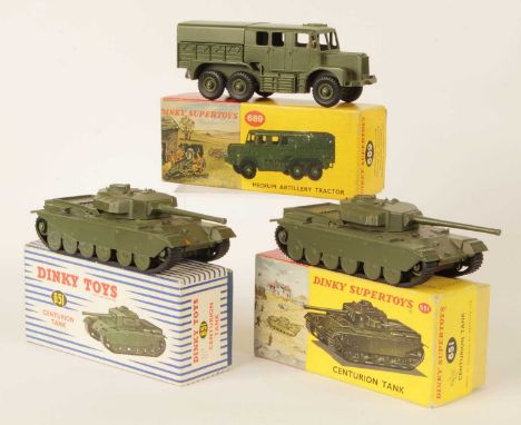 Dinky group of 3 Military vehicles including 651 Centurion Tank, military green including metal rollers, black rubber tracks,