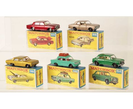 Matchbox Regular Wheels Group of Late 1960's Issue Cars. (1) 24c Rolls Royce Silver Shadow - matt black base with tow guides;