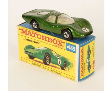 Matchbox Superfast 45a Ford Group 6 - metallic green body with circular racing number 7 nose label, clear windows, ivory inte