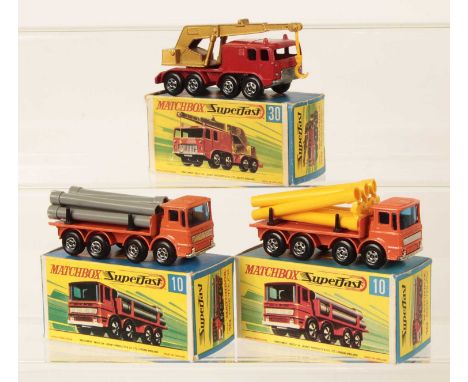 Matchbox Superfast 2 x 10a Leyland Pipe Truck - both are orange cab &amp; chassis, chrome grille &amp; base, hollow 5-spoke n