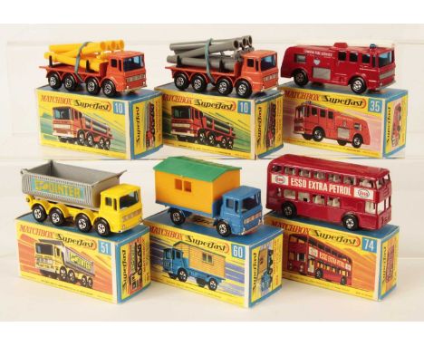Matchbox Superfast Group of 4 x Early 1970's Issue Commercial Vehicles - all are black axle clips - (1) 10a Leyland Pipe Truc