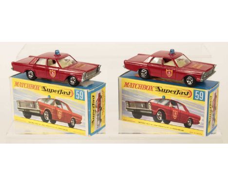 Matchbox Superfast 2 x 59a Ford Galaxie Fire Chief Car - both are red body with blue roof light, ivory interior, bare metal b