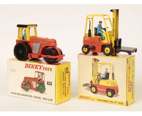 Dinky Pair of Construction Vehicles - (1) 404 Conveyancer Fork Lift Truck - orange body with lemon yellow mast with gloss bla