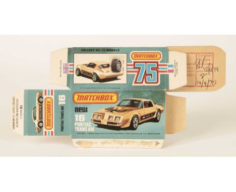 Matchbox Superfast Bowater's UN-RELEASED PRINTERS PROOF EMPTY "NEW" TYPE L BOX FOR 16b PONTIAC TRANS AM - BOX ARTWORK ILLUSTR