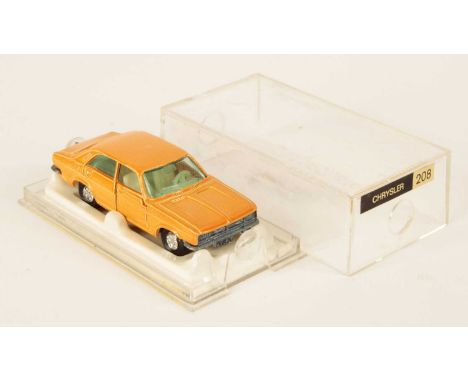 Majorette 208 Chrysler 180 - orange body, turquoise blue windows, ivory interior, bare metal base, early solid chrome hubs - 