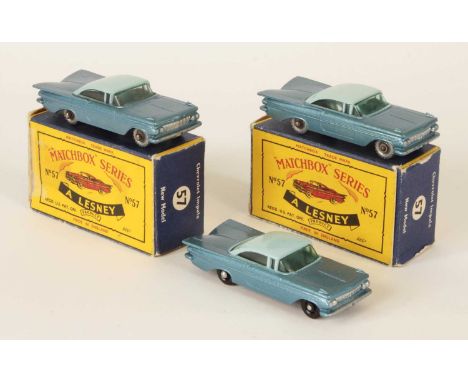 Matchbox Regular Wheels 3 x 57b Chevrolet Impala - all are two-tone blue body - Stannard Code 5 - with rear silver trim &amp;