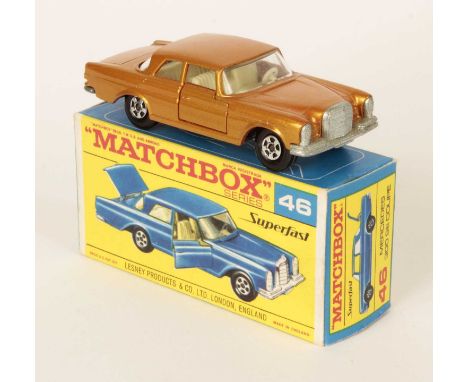 Matchbox Superfast 46a Mercedes 300SE Coupe - metallic orange-gold body WITH OPENING DOORS, ivory interior, bare metal base, 
