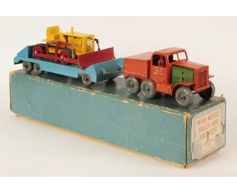 Early Moko Lesney Toys large scale Prime Mover with Low Loader Trailer &amp; Caterpillar Bulldozer Load - orange Prime Mover 