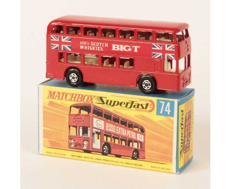Matchbox Superfast 74a Daimler Fleetline Bus RARE PROMOTIONAL ISSUE "BIG T 100% SCOTCH WHISKIES" - bright red body, brick red