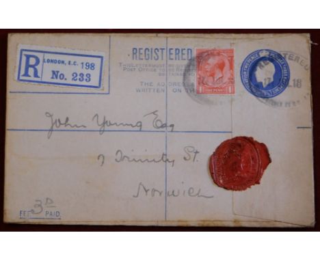 Great Britain 1918 Michel Eu27 Pre-Paid registered Envelope posted to Norwich, cancelled 17.7.18 Registered on 3.1/2d Blue po