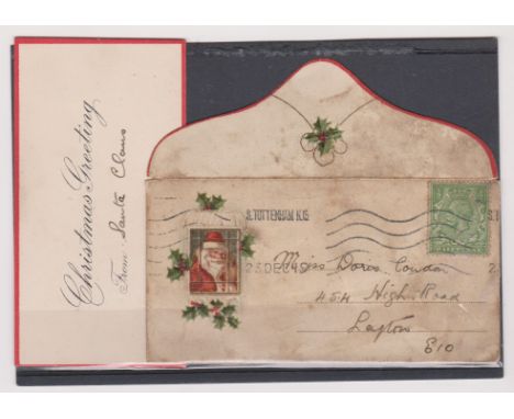 Great Britain 1949 seasonal envelope posted within London, stained but decorated front and back complete with greetings card 