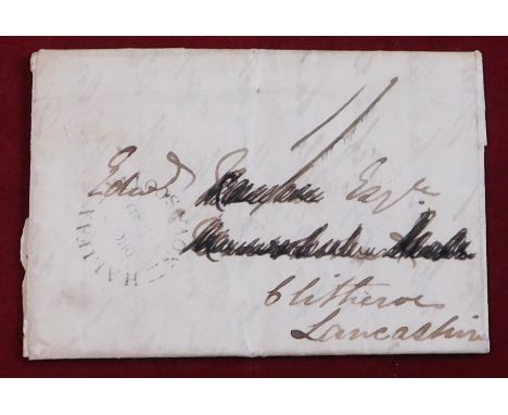 Canada postal History 1840 EL 1st Dec 1840 posted Halifax Nova Scotia to Clitheroe Lance. Halifax Nova Scotia cancel Dec 3 18