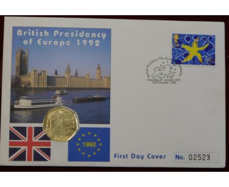 Great Britain 1992 50 Pence Coin British Presidency of the European Community Council, uncirculated on Philatelic &amp; Numis