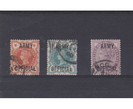 Great Britain 1896-01 Queen Victoria Army Officials SG 041 used 1/2d vermillion, 042 used 1/2d blue green and 043 used 1d lil