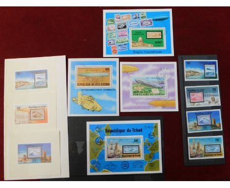 Zeppelin flights 1977 SG 481-482, 484-485 u/m Chad issue SG 486 used m/sheet, SG 481, 483, 484 print proofs m/s issues used f