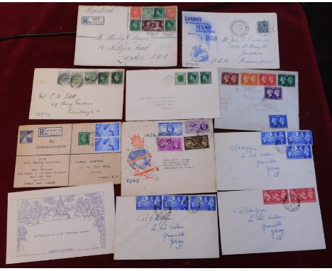 Great Britain 1937-1950 10x Philatelic envelopes many marked as 1st day of issue. Unusual groups of postage stamps on same