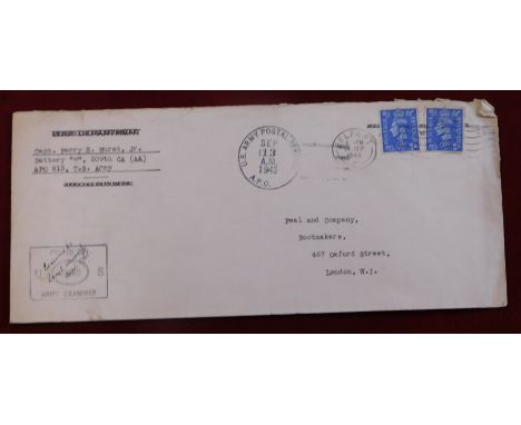 Great Britain 1942 envelope posted from 209th CA Anti Aircraft Battery APO 813 to London. Cancelled 13.9.42 US Army postal se